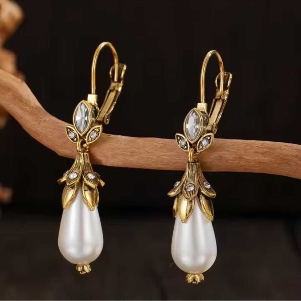 Anthropologie Gold and Pearl Leaf Earrings